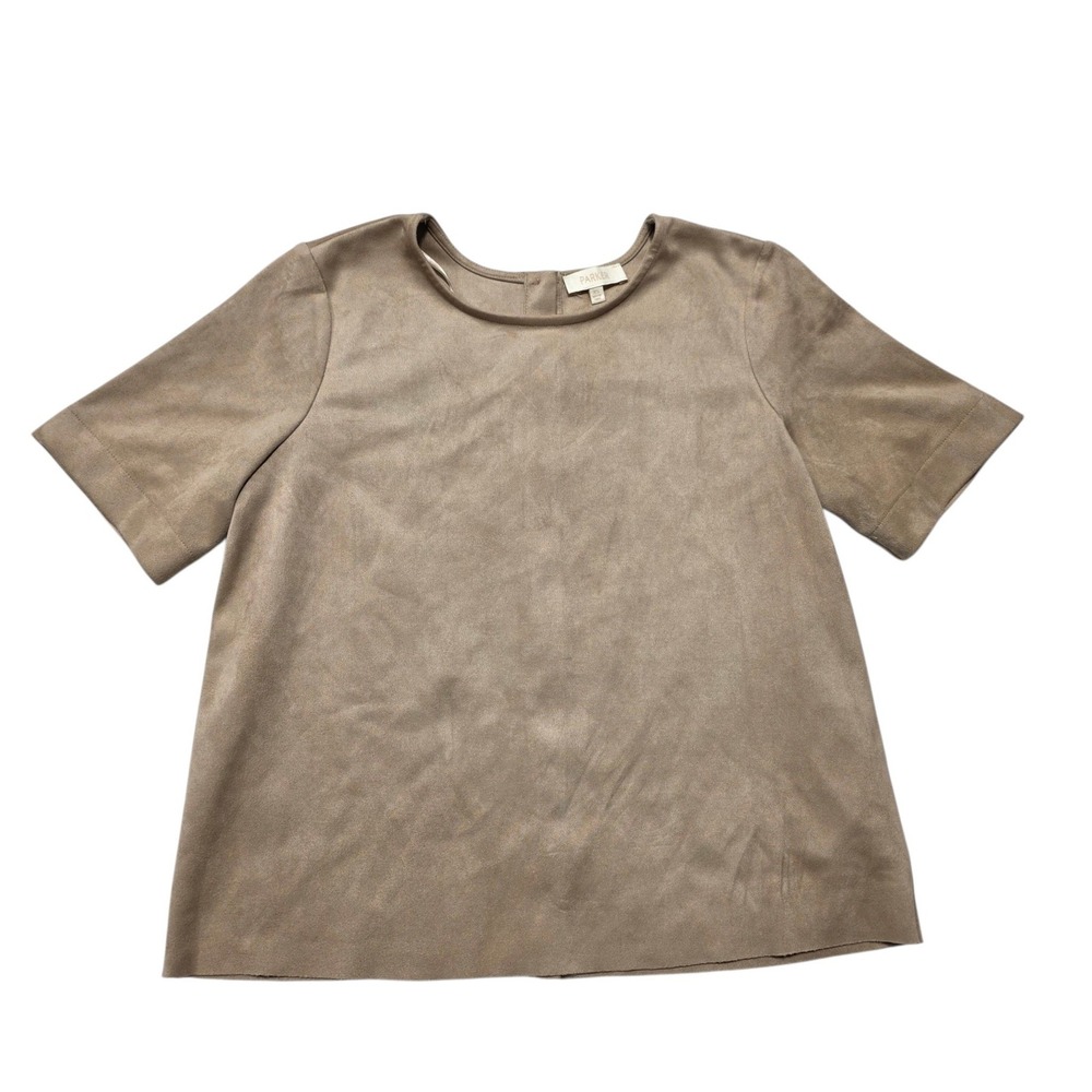 Parker Faux Suede Short Sleeve Top Womens XS Tan Snap Back Crew Neck